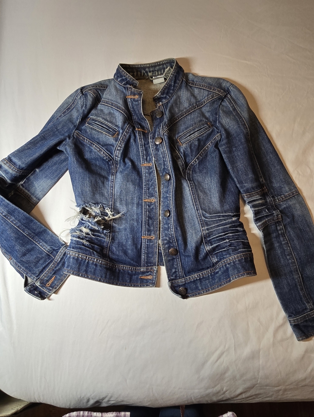 Vintage Armani Exchange Distressed Denim Jacket In A Fitted Size Medium
